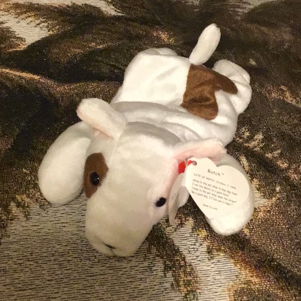 TY beanie baby Butch dog bd 10/2 98 white brown good stocking stuffer